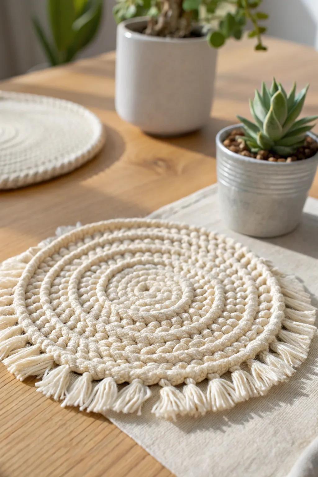 Upgrade your table arrangement using these beautiful cord coasters, mixing simplicity with boho elegance.