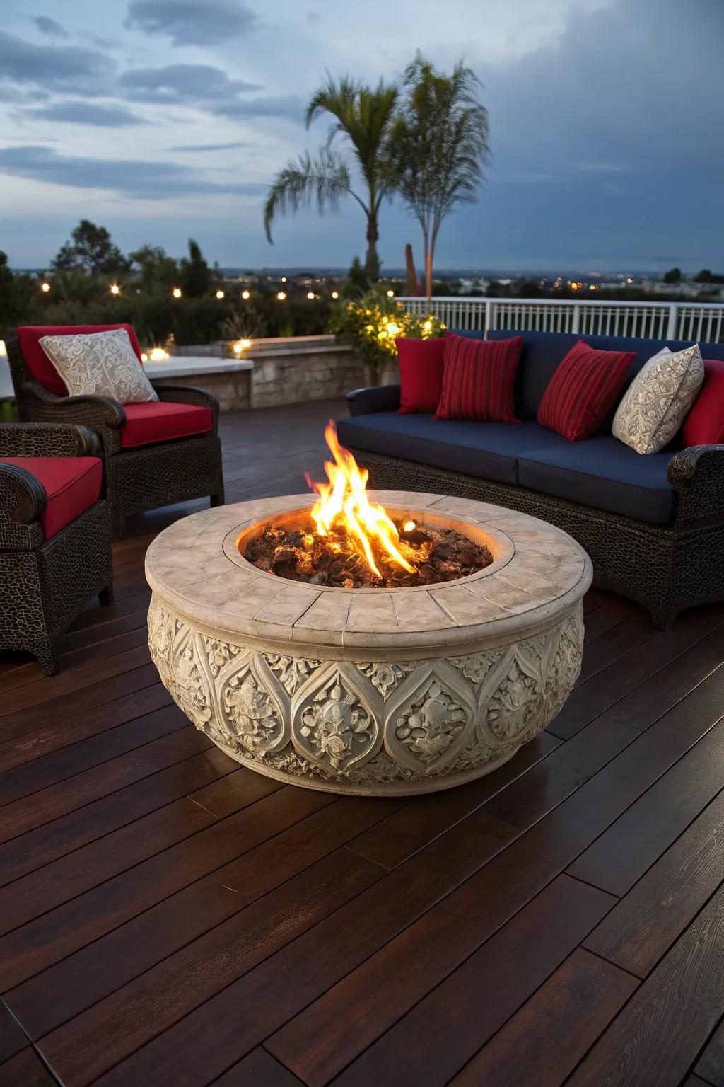 Renew your patio into a masterpiece featuring a stunning bonfire centerpiece, where artistry complements comfort.