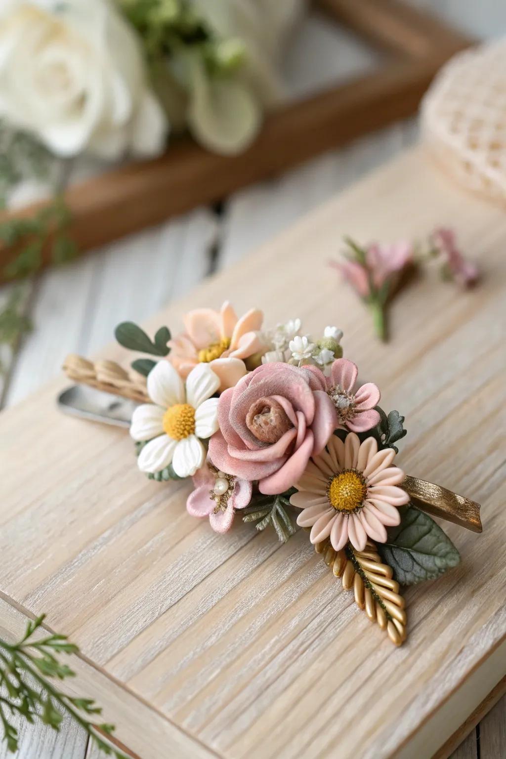 Whimsical refinement blends seamlessly with craftsmanship in these gentle floral hair adornments.