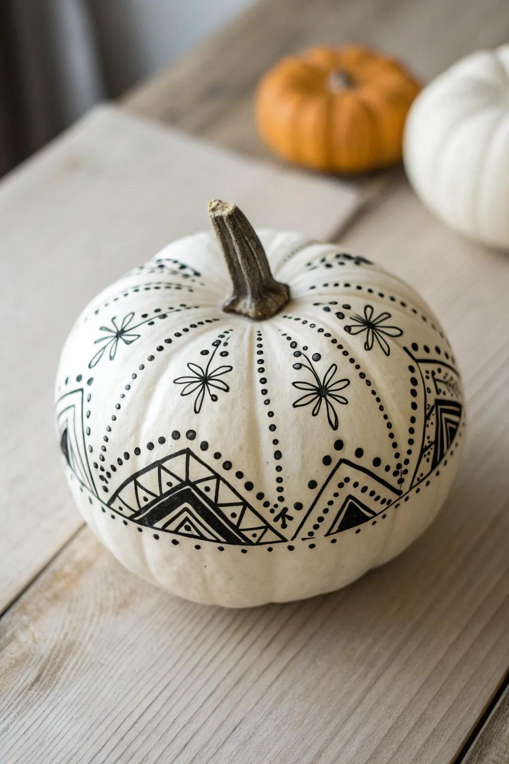 Embrace timeless elegance with chic ebony and ivory pumpkin designs, perfect for a minimalist boho touch.