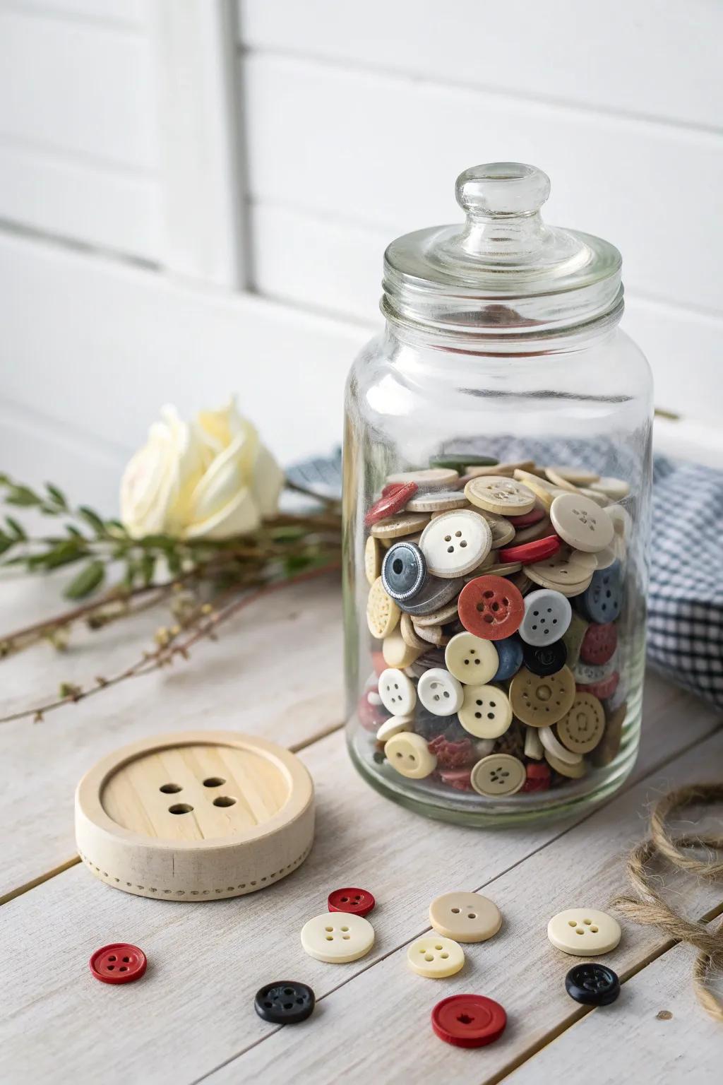 Add a retro touch to your decor with a charming jar of vintage buttons.