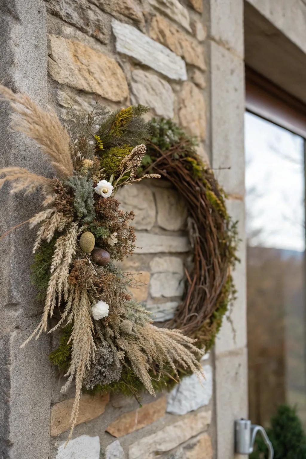 Natural surfaces introduce dimension to farmhouse wreaths.