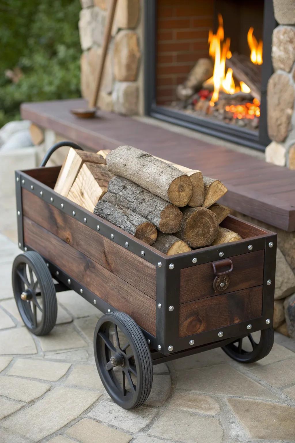 Effortlessly stylish and functional, this rolling wood cart makes transporting logs a breeze.