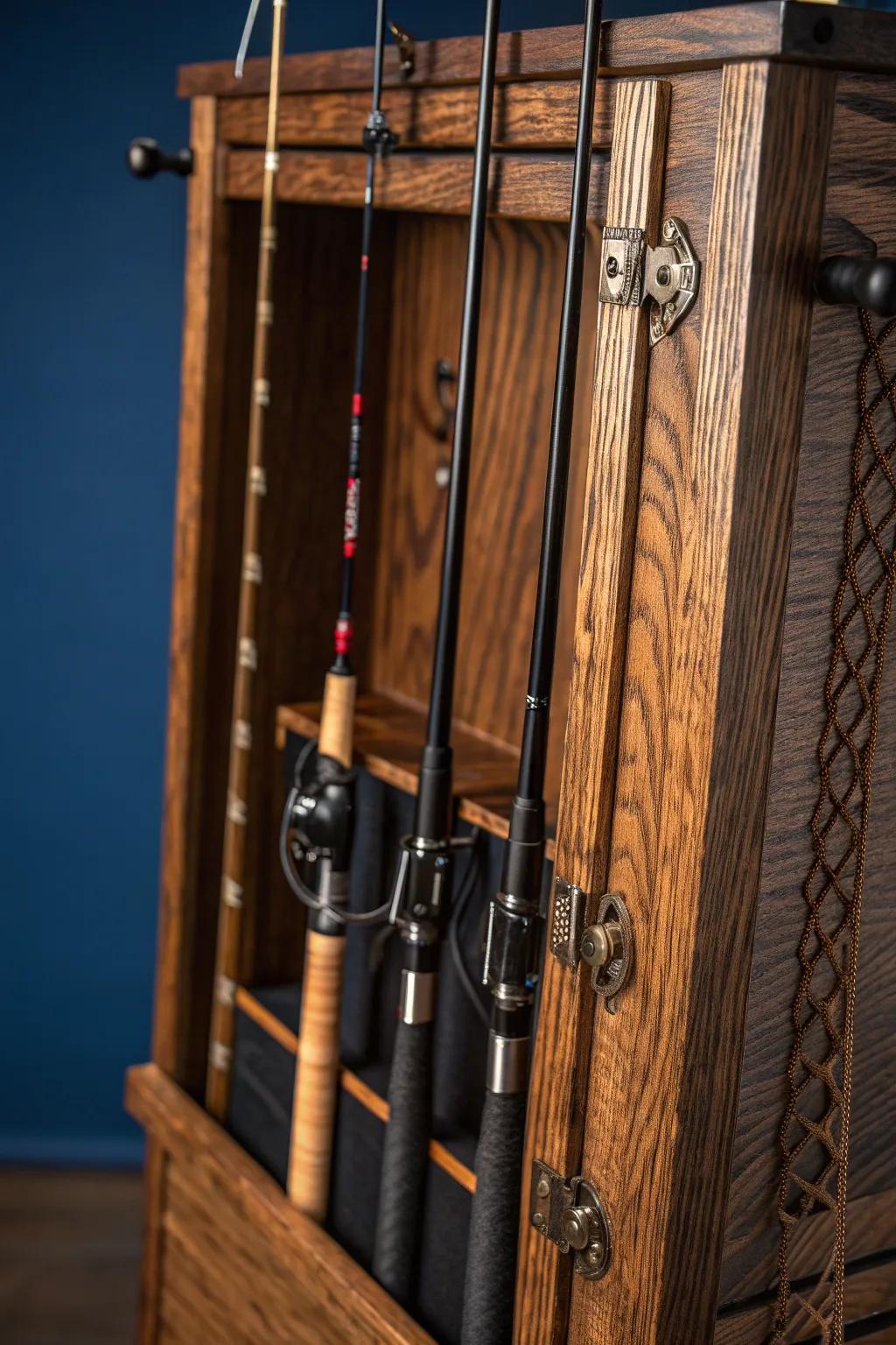Secure Your Catch: A Masterpiece of Utility and Craftsmanship Embodied in Our Bungee Cord Fishing Pole Locker.