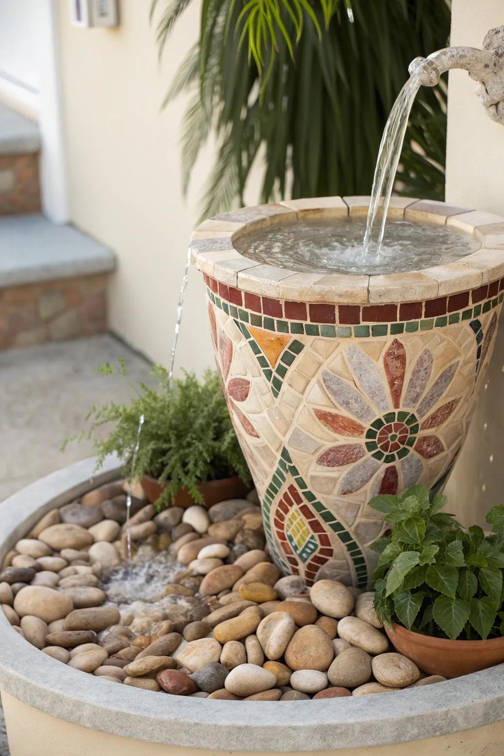 Mosaic Magic: Transform your garden via a striking handcrafted flower pot fountain. #GardenArtistry #ScandinavianBoho
