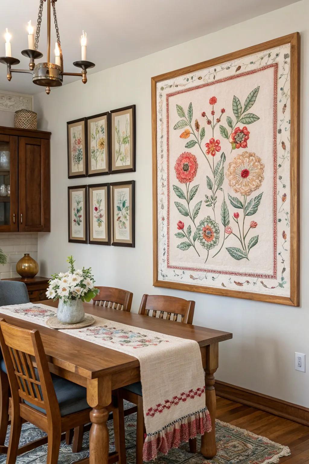 Fabric matting adds texture and color to framed embroidery.