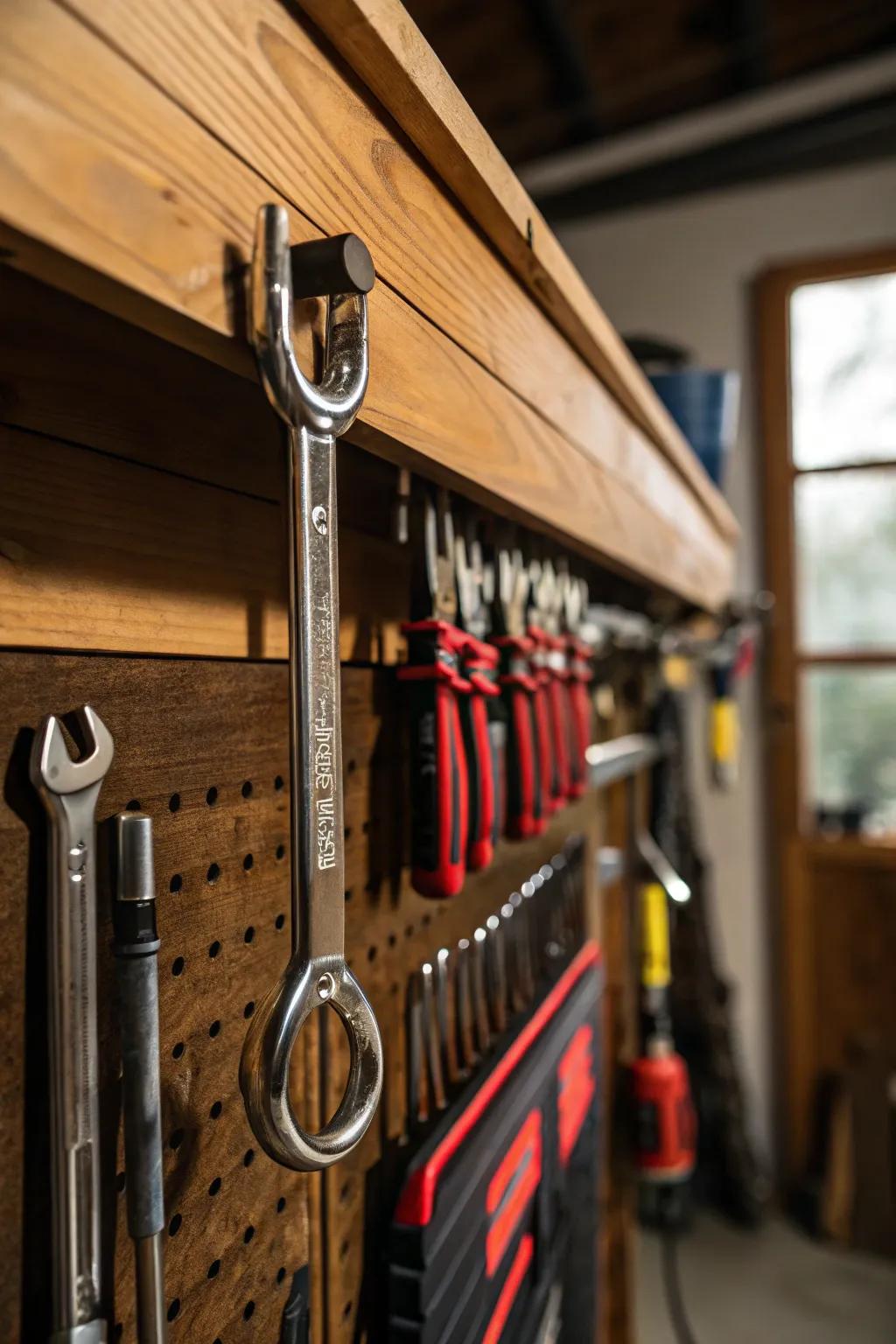 Maximize your garage space with stylish under-shelf hangers that showcase your tools and craftsmanship.