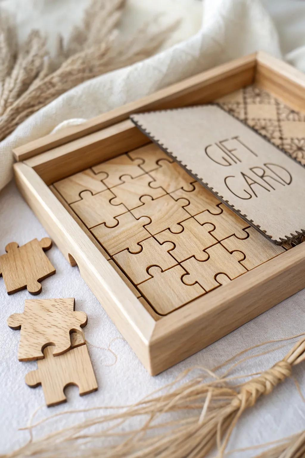 Unravel the surprise with this handcrafted puzzle gift card keeper – a quintessential fusion of playfulness and elegance.