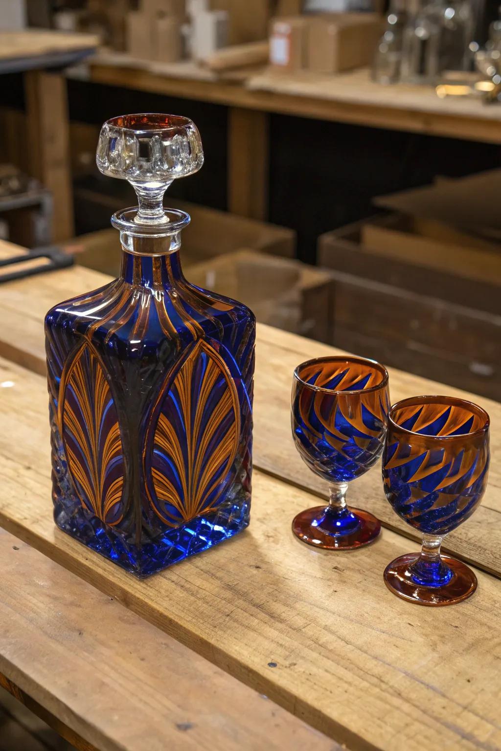 Elevate your bar through this striking themed glass set, a testament to exquisite artistry.