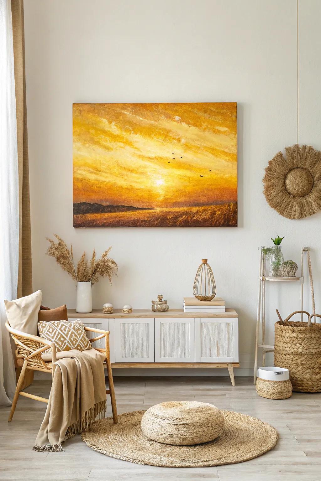 Cherish the warmth of a gilded sunrise within your dwelling through this stunning gradient artwork.