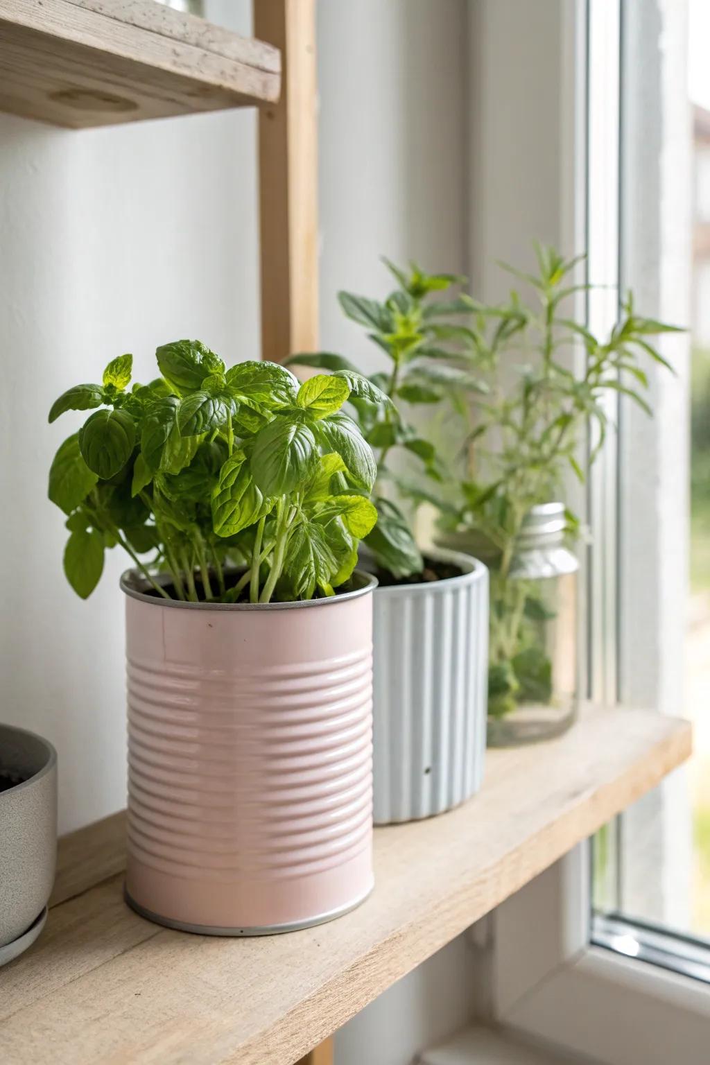 Transform everyday items into stylish herb planters with these reclaimed metal cans. Perfect for introducing a touch of green to your minimalist décor.