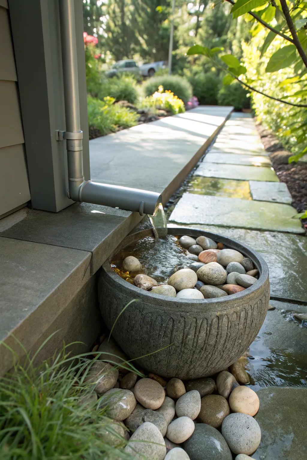 Elevate your rainwater management through a Zen-inspired stone basin and pebble assemblage.