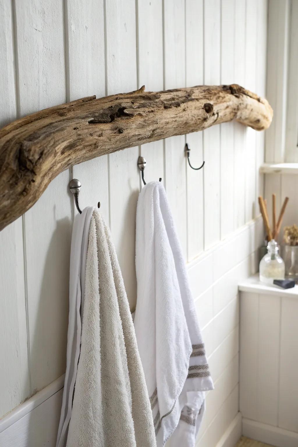 Convey the littoral to your bathing chamber with this chic weathered wood napkin suspension, where rustic converges with refined simplicity.