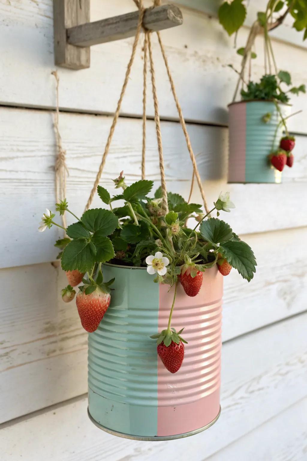 Upcycle in style: Transform tin cans into captivating strawberry planters, imbuing a hint of rustic elegance.