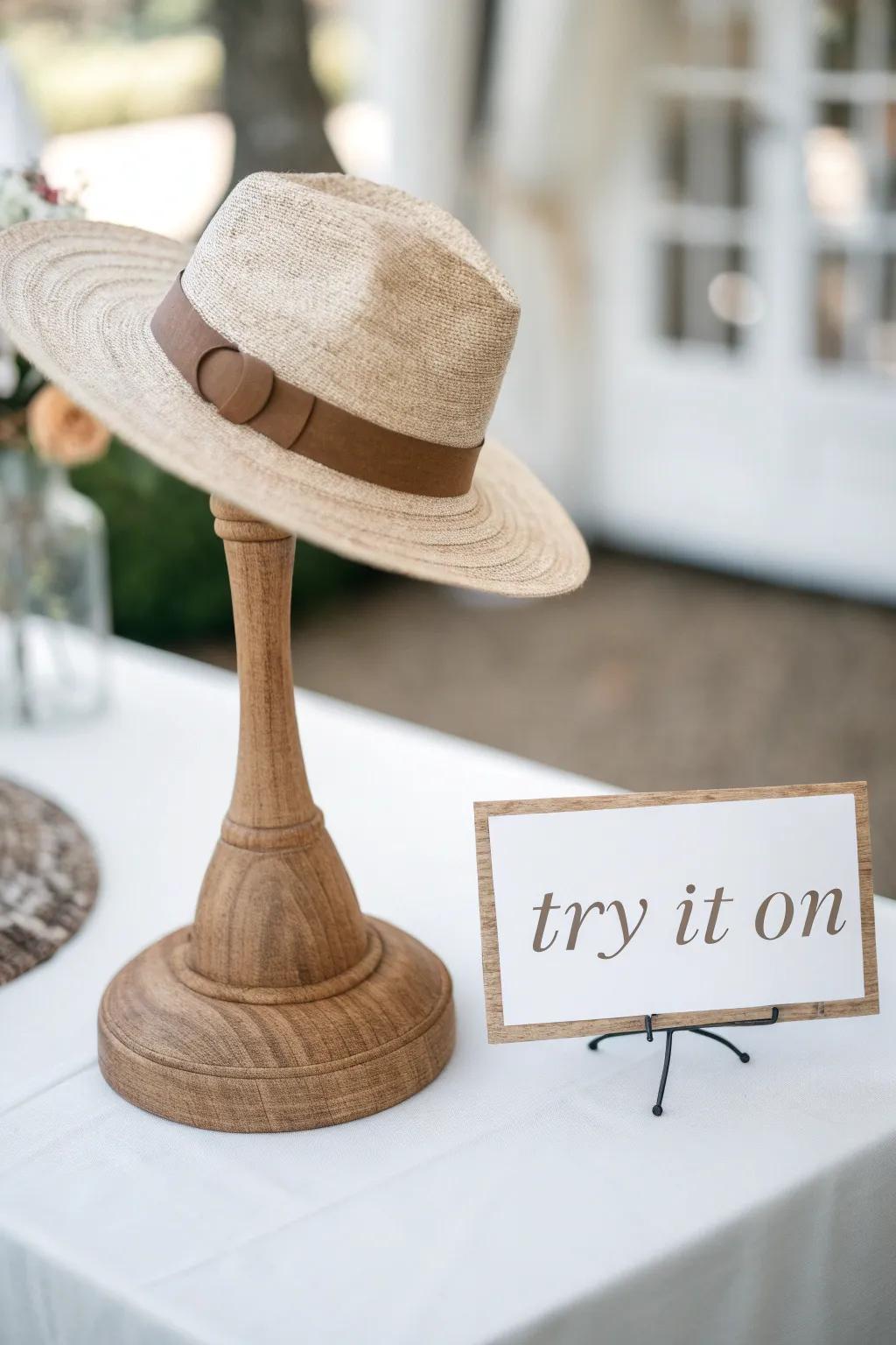 Discover the quintessential hat using our interactive display. Try it on and appreciate the artistry!