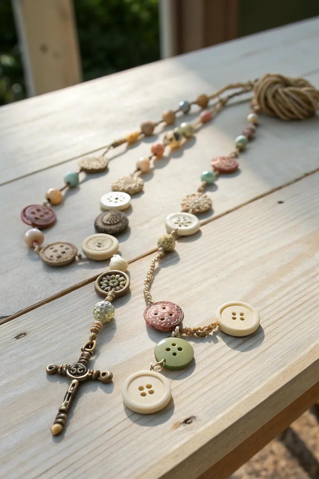 Transform treasured memories into a stunning Antiquated Button Rosary, where each button recounts its individual narrative. #Craftsmanship #BohoCharm #EcoFriendly