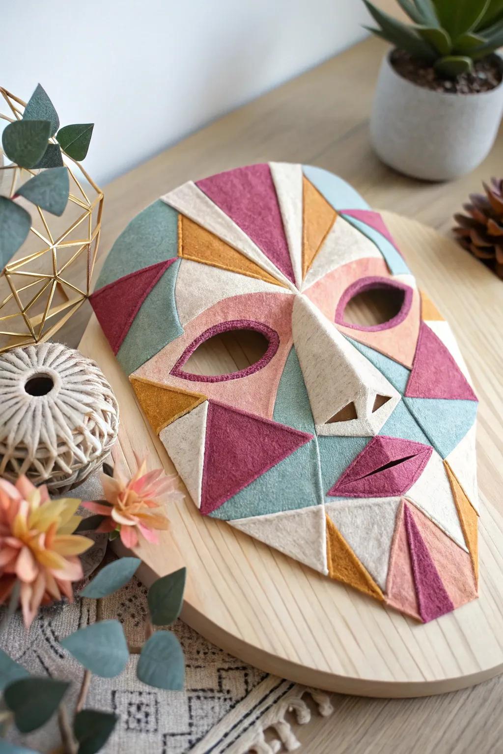 Explore the art of felt and imagination with this playful geometric mask. Perfectly mixing minimalist elegance with a hint of bohemian charm.