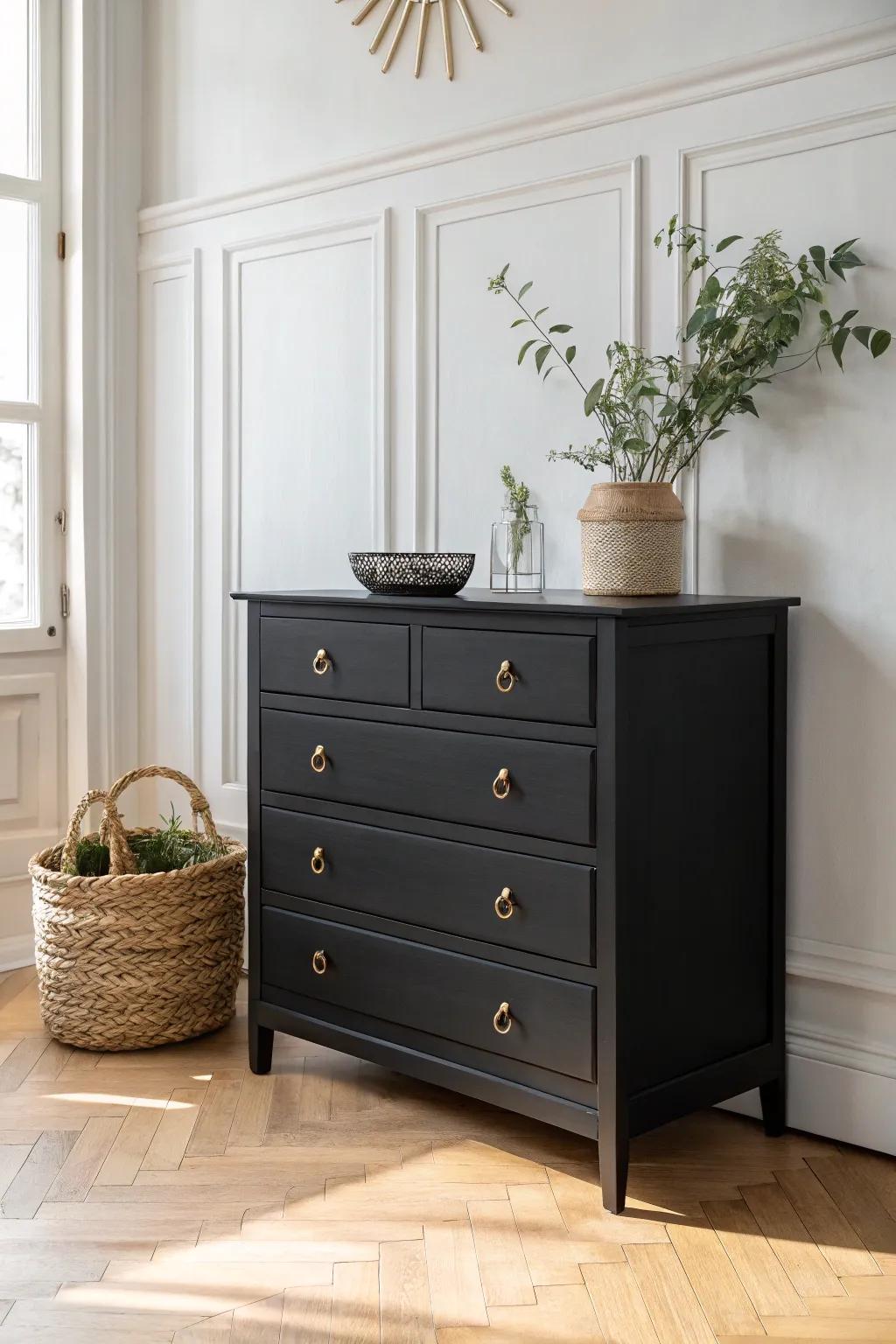 Transform your space with a chic matte black dresser for a touch of modern elegance. #MinimalistBeauty #ScandiStyle