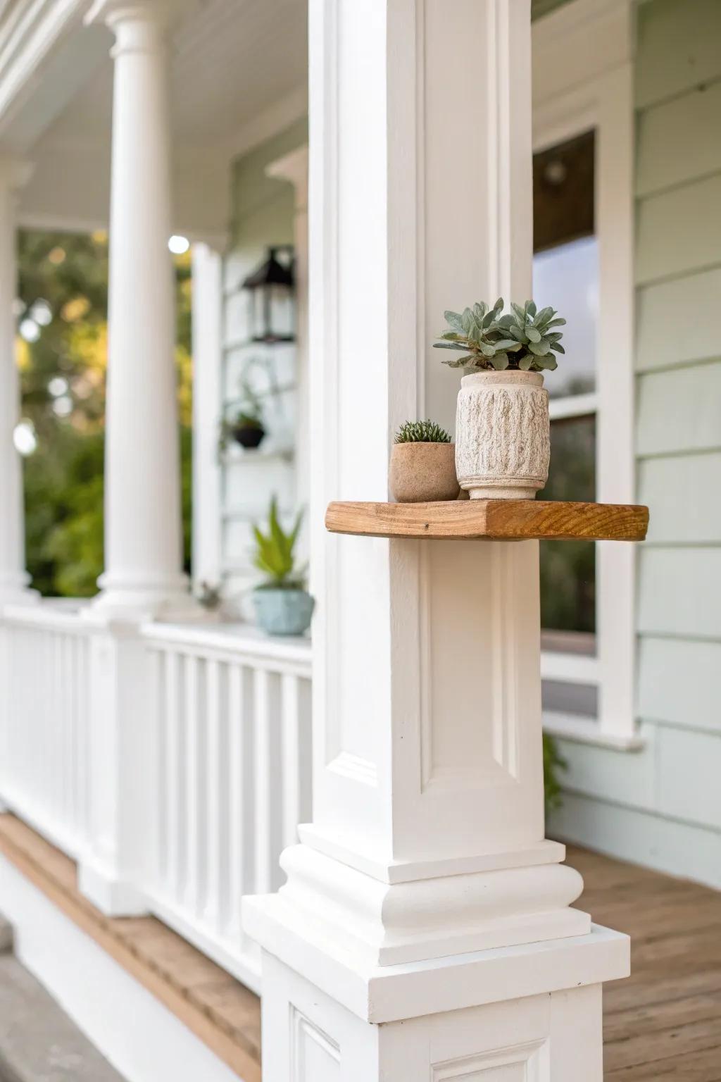 Transform your porch via minimalist charm: petite shelves for panache and practicality.