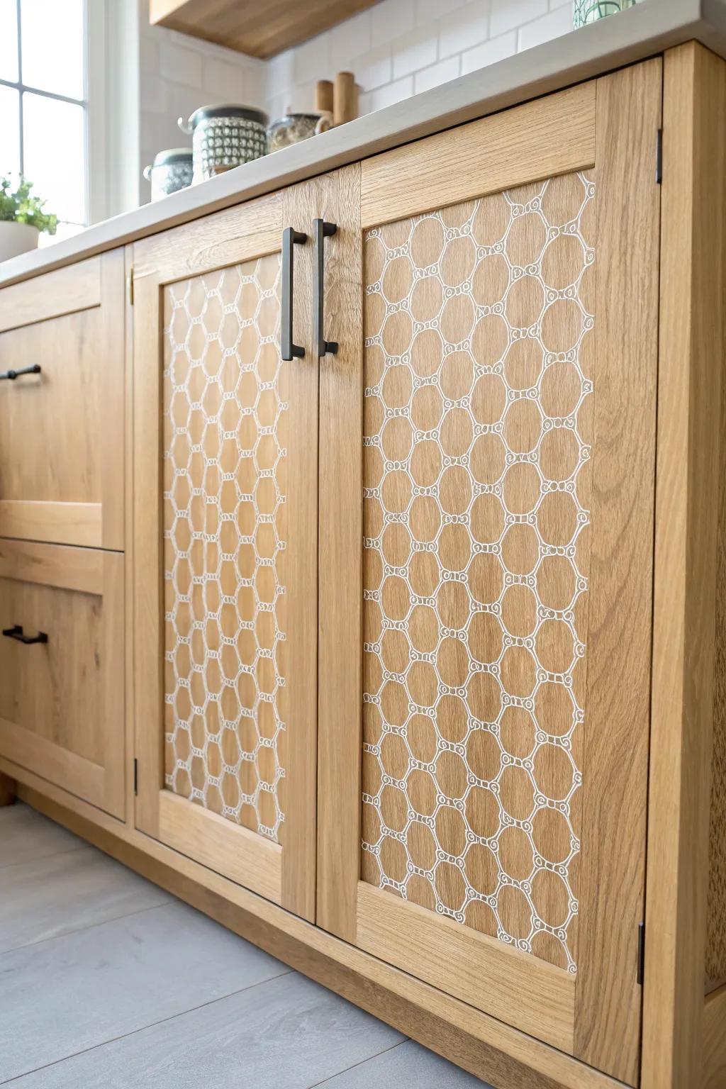 Create an elegant kitchen transformation with subtle enhancements: Honeycomb cupboard stencils add a touch of charm and sophistication to your culinary space.