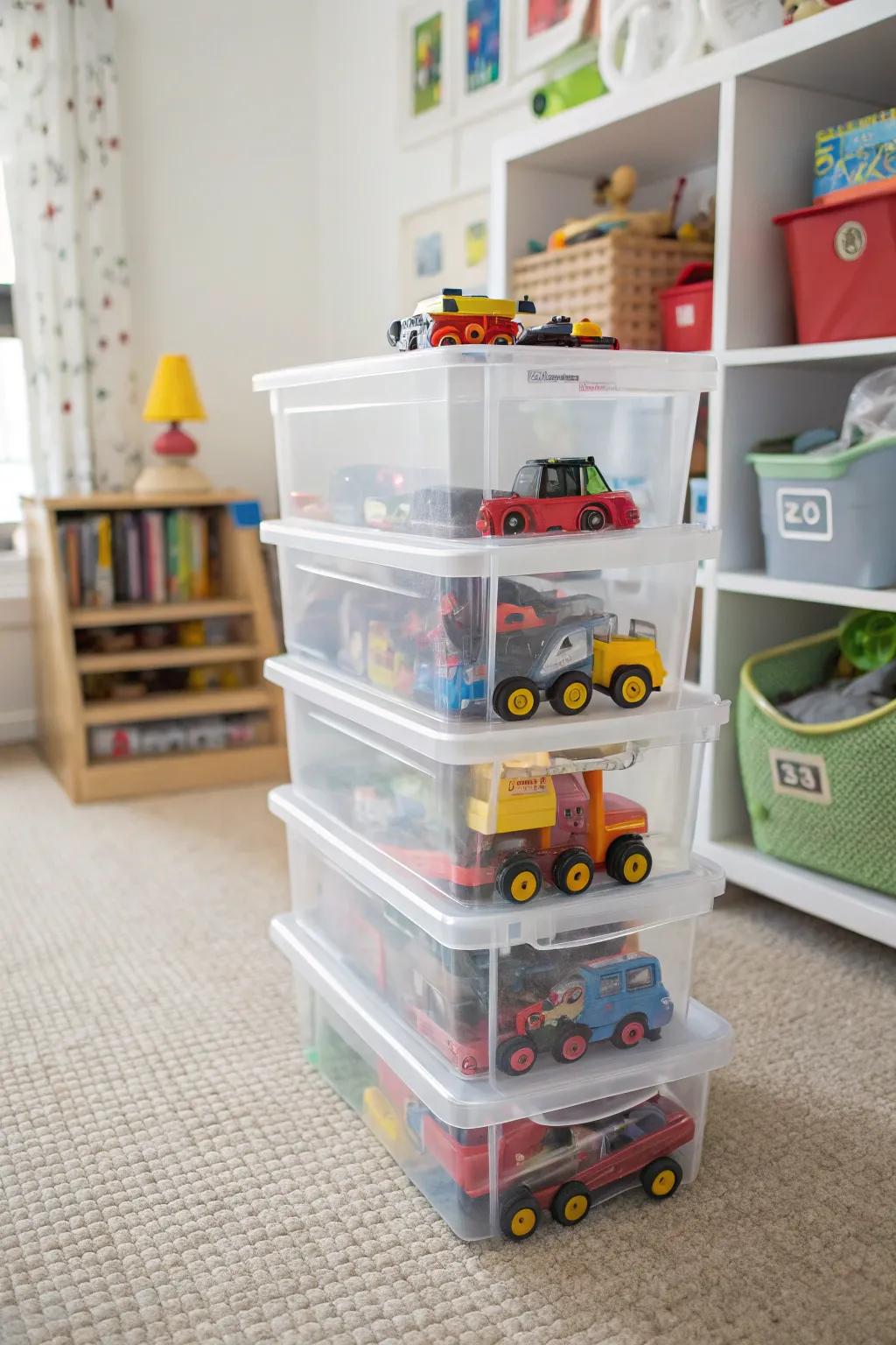 See-through containers make finding and keeping cars a breeze.