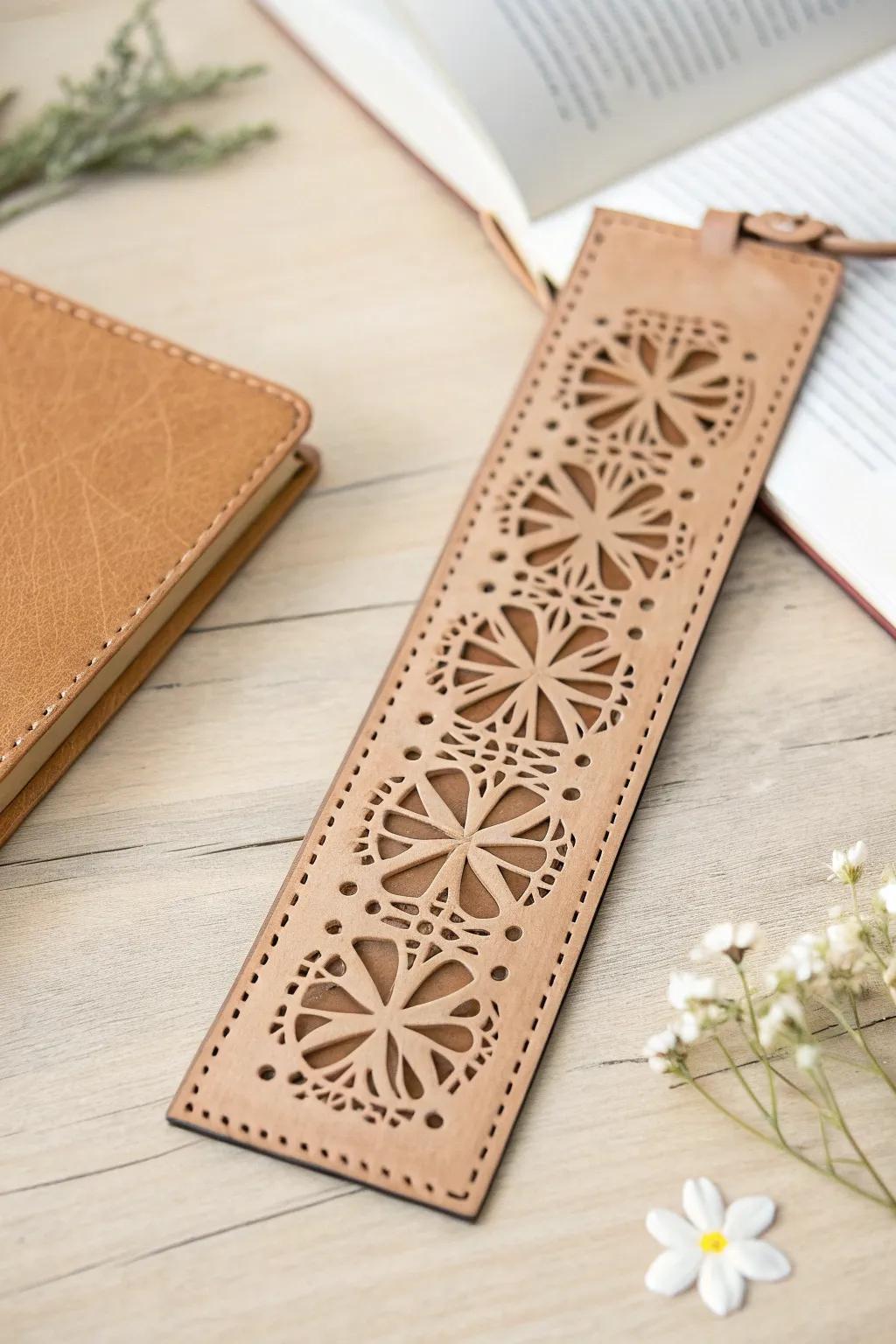 Enhance your reading experience with this exquisitely crafted perforated leather bookmark.