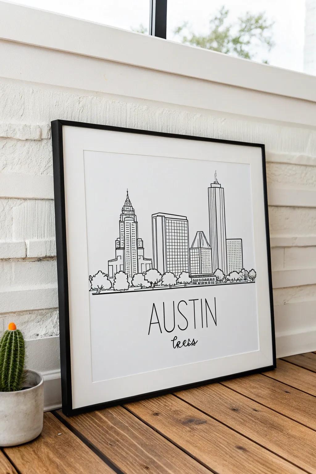 Capture the beauty of urban landscapes with the simplicity of line art. Here's Austin's skyline in minimalist glory.