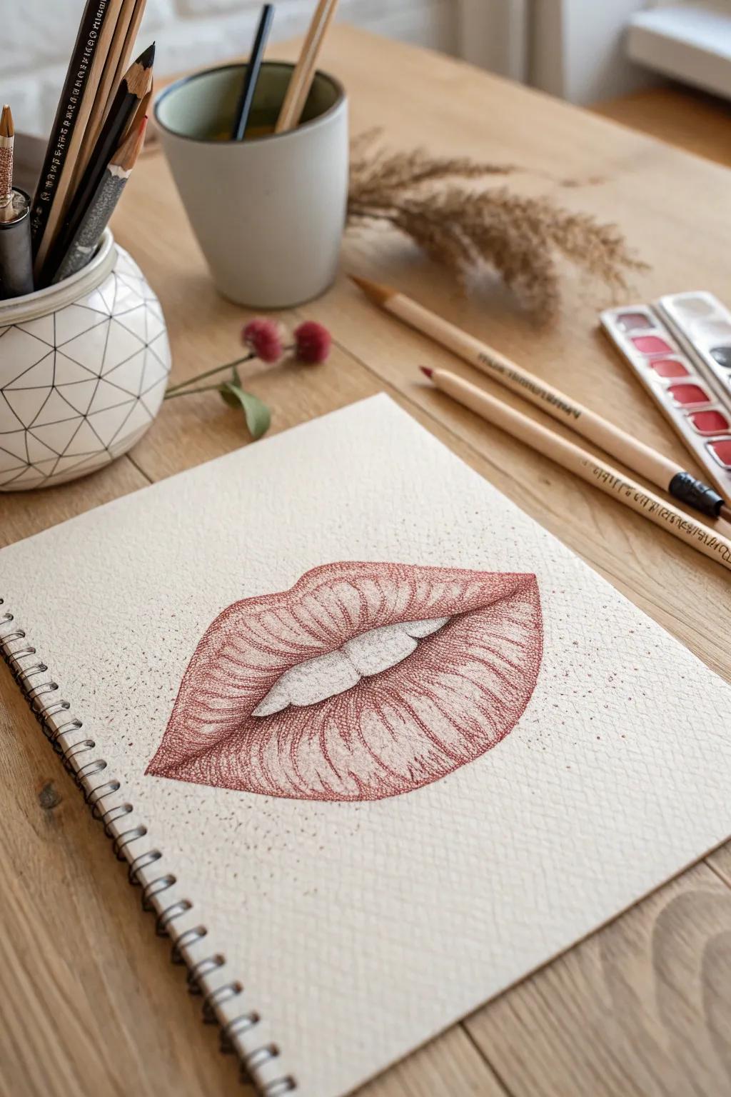 Uncover the elegance of textured lips with detailed stippling and cross-hatching. Unleash your creative power with minimalism and innate sophistication.