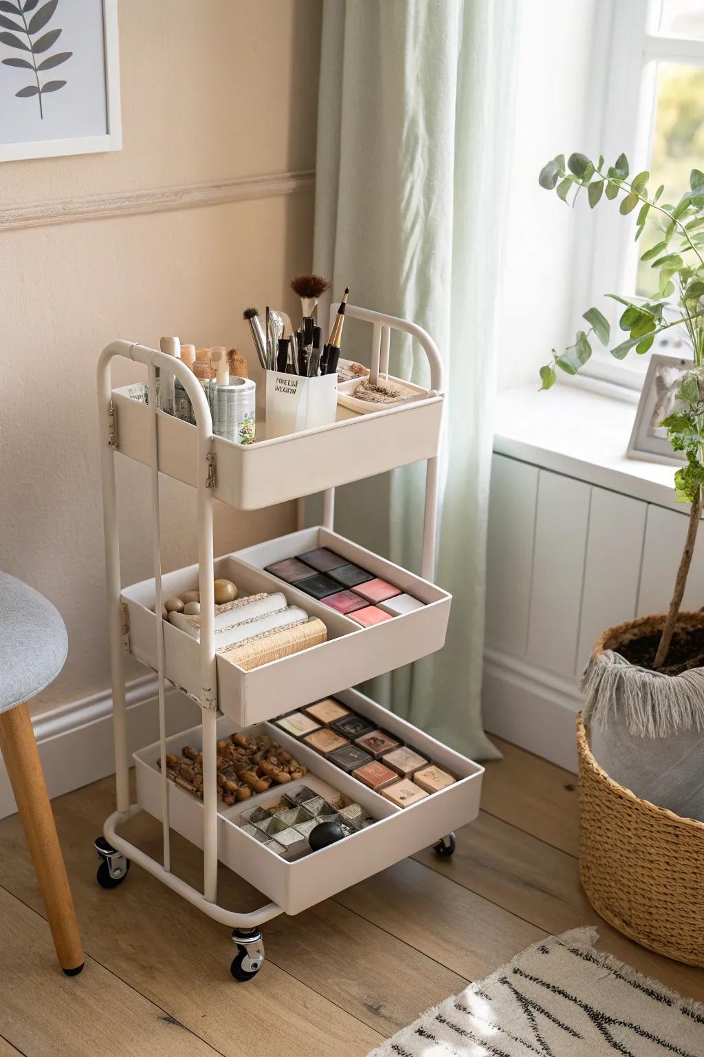 Effortlessly chic: A mobile cart transfigures your cosmetic lodging via minimalistic-modern design.