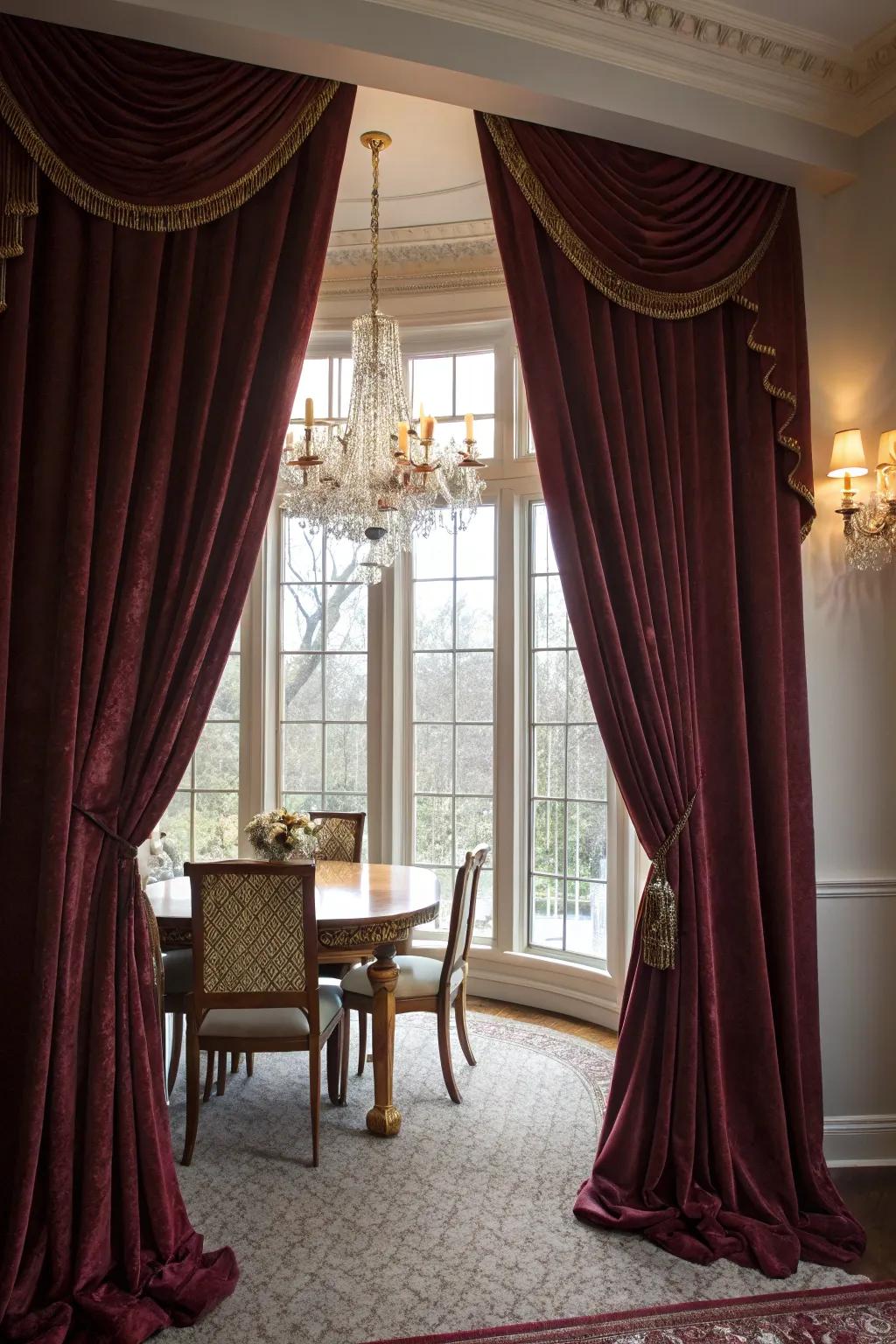 Dramatic window treatments introduce visual impact.