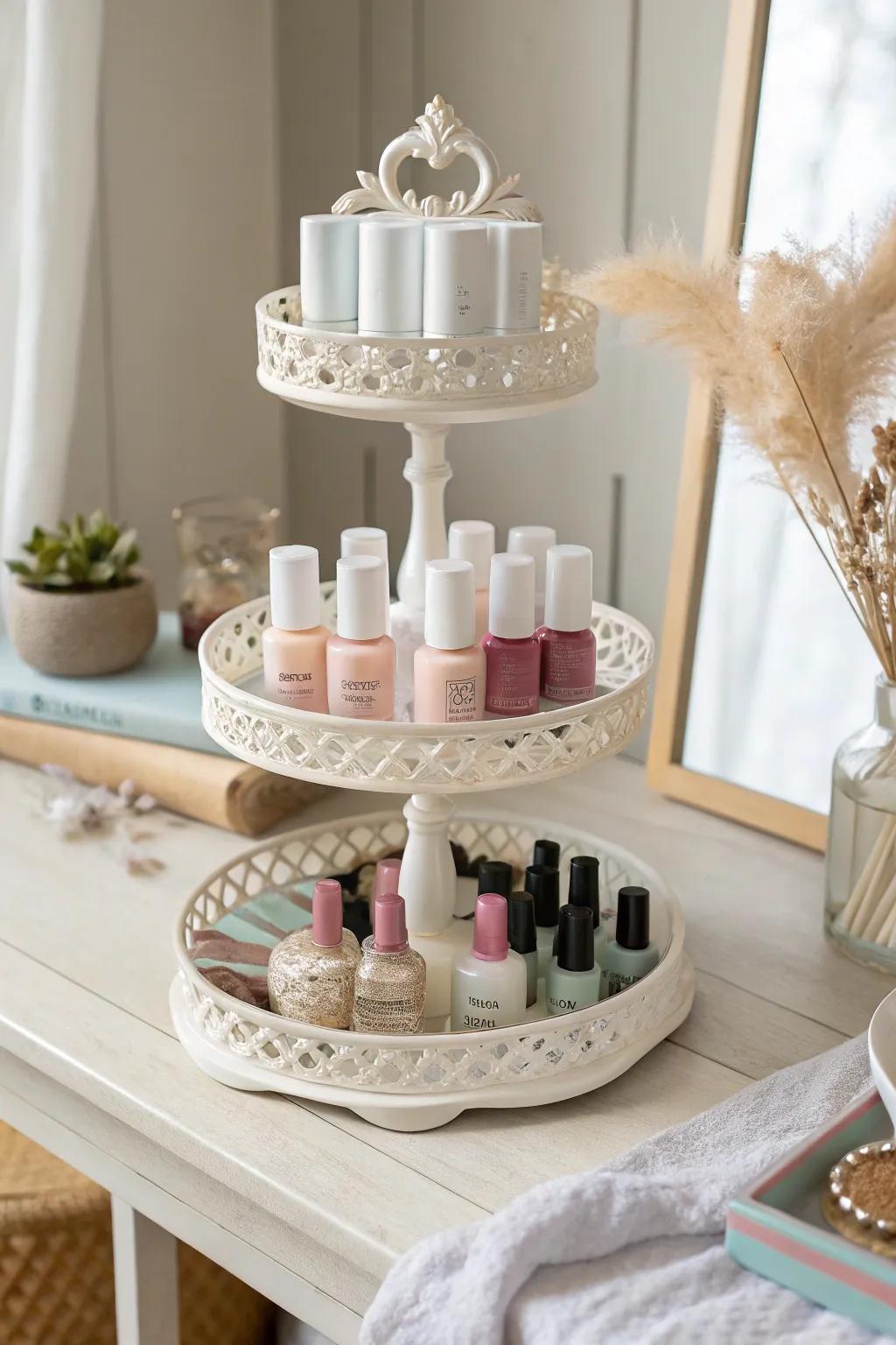 Transform your vanity accompanied by an enchanting tiered cake stand enamel presentation, unifying minimalist elegance accompanied by Bohemian flair.