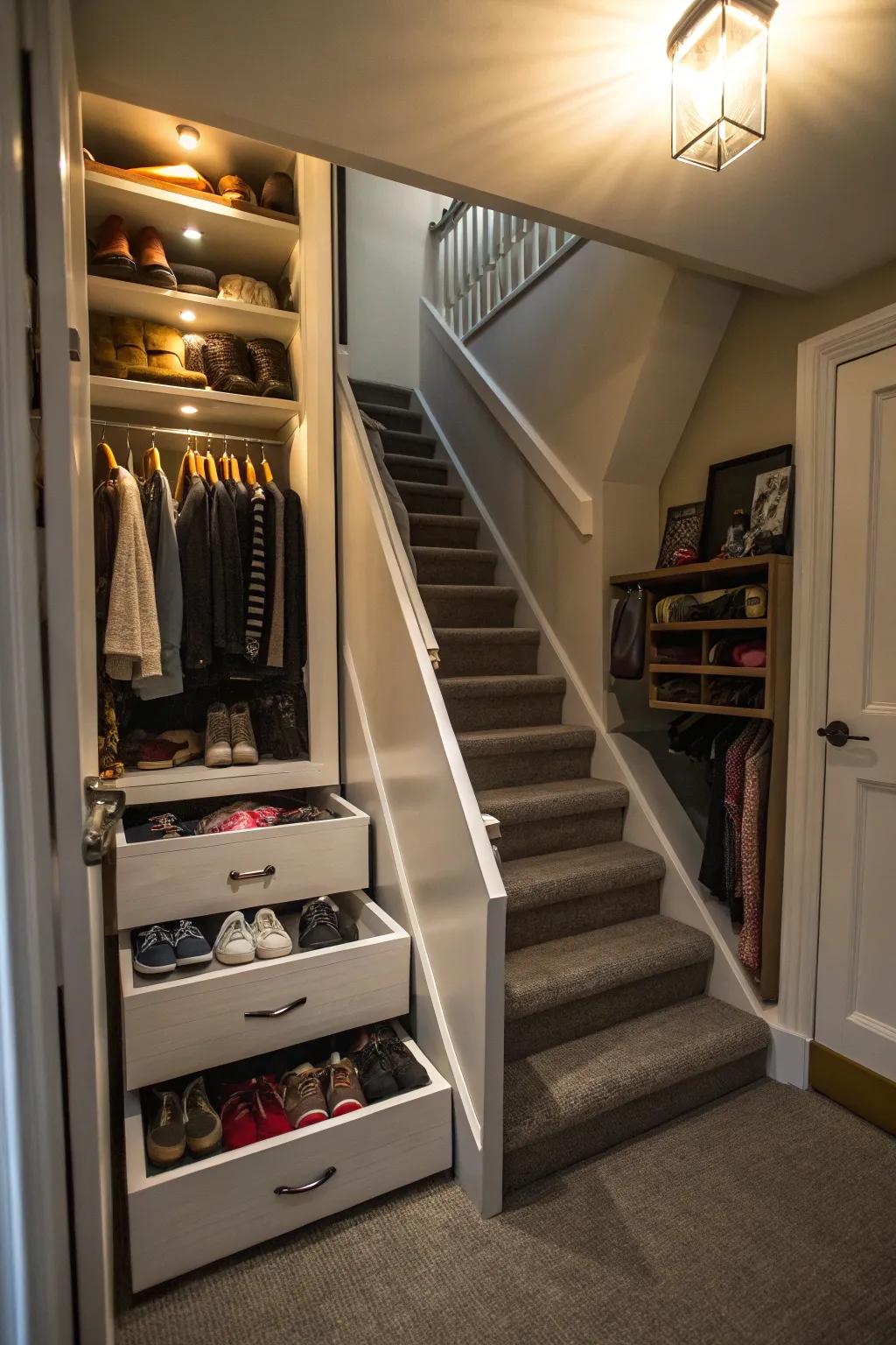 Beneath-staircase cupboards maximize unused areas.