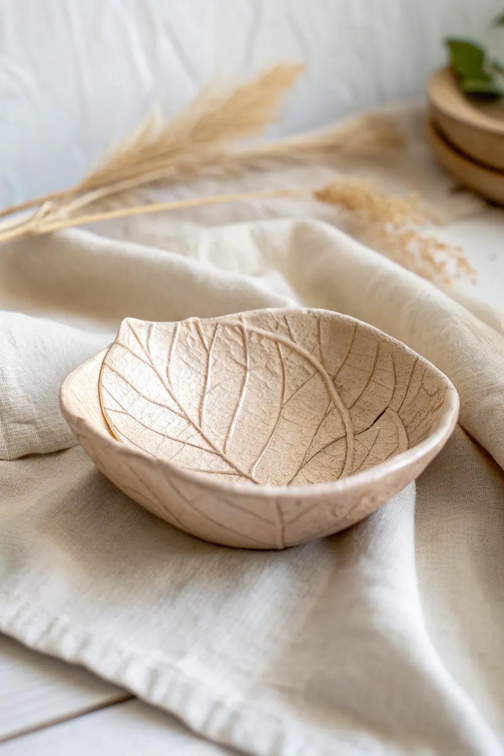 With a exquisitely crafted clay foliage bowl impeccable for your trinkets, embrace simplicity and the natural world.