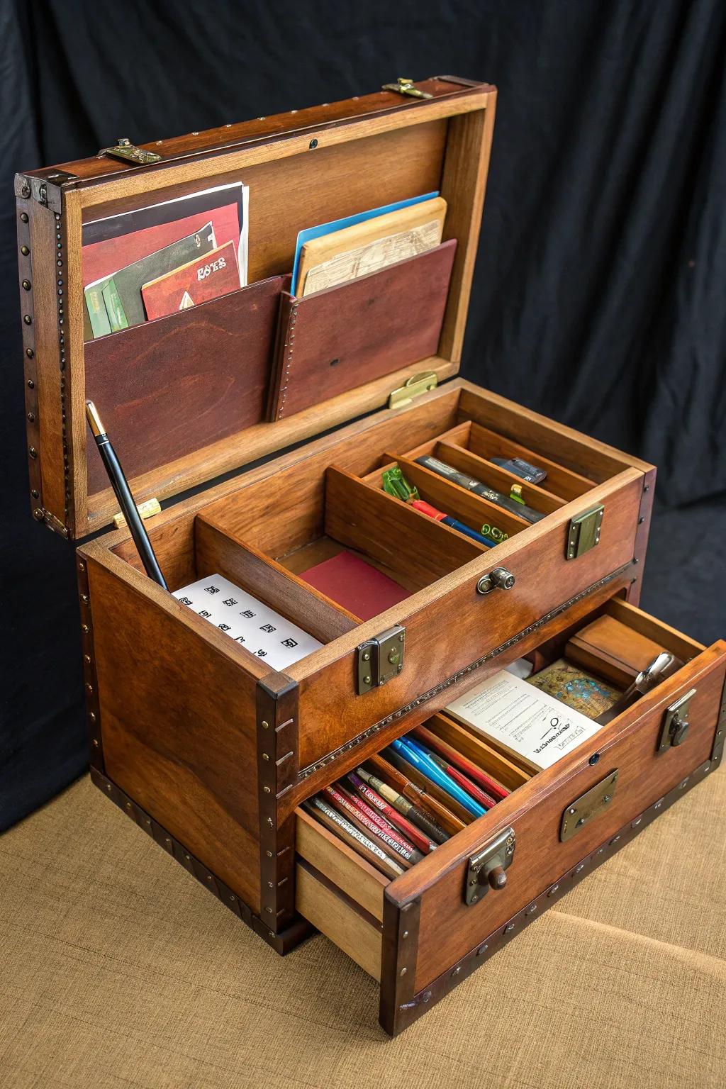 Elevate your workspace with a vintage trunk office organizer — where craftsmanship meets functionality.