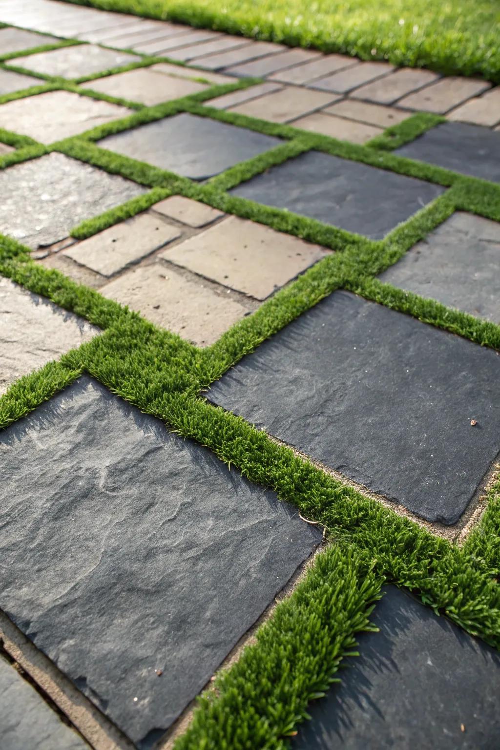 Elevate your outdoor setting through the vibrant synthesis of stone and turf.