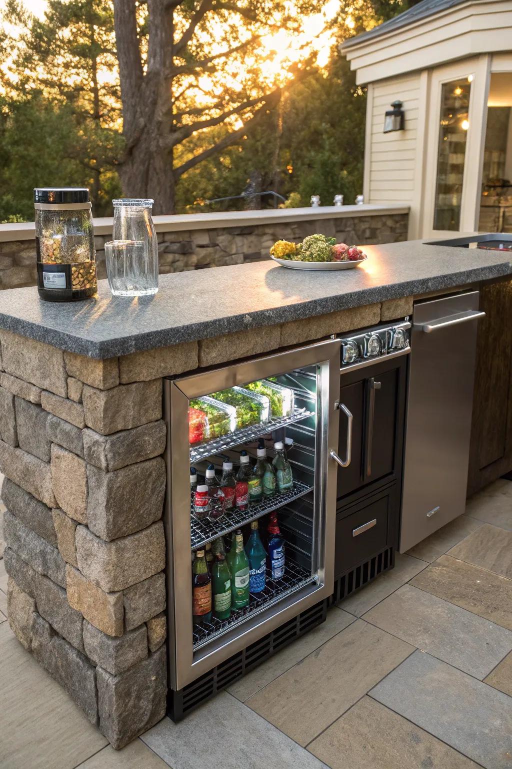 Enhance your outdoor cooking with a stylish built-in cooler, perfect for keeping your drinks icy and your space uncluttered.