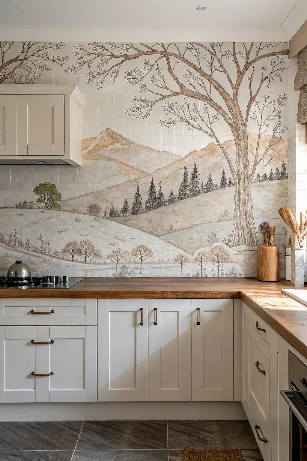 Revamp your culinary space via a serene nature-inspired panorama that ushers the exterior inward.