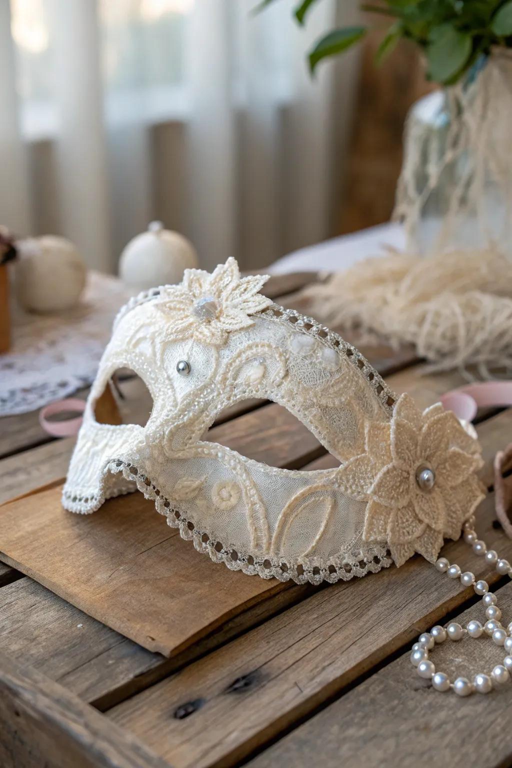 Venture into yesteryear exhibiting an accent of polish: a Victorian-stimulated paper mache mask laden in lacework and pearls.