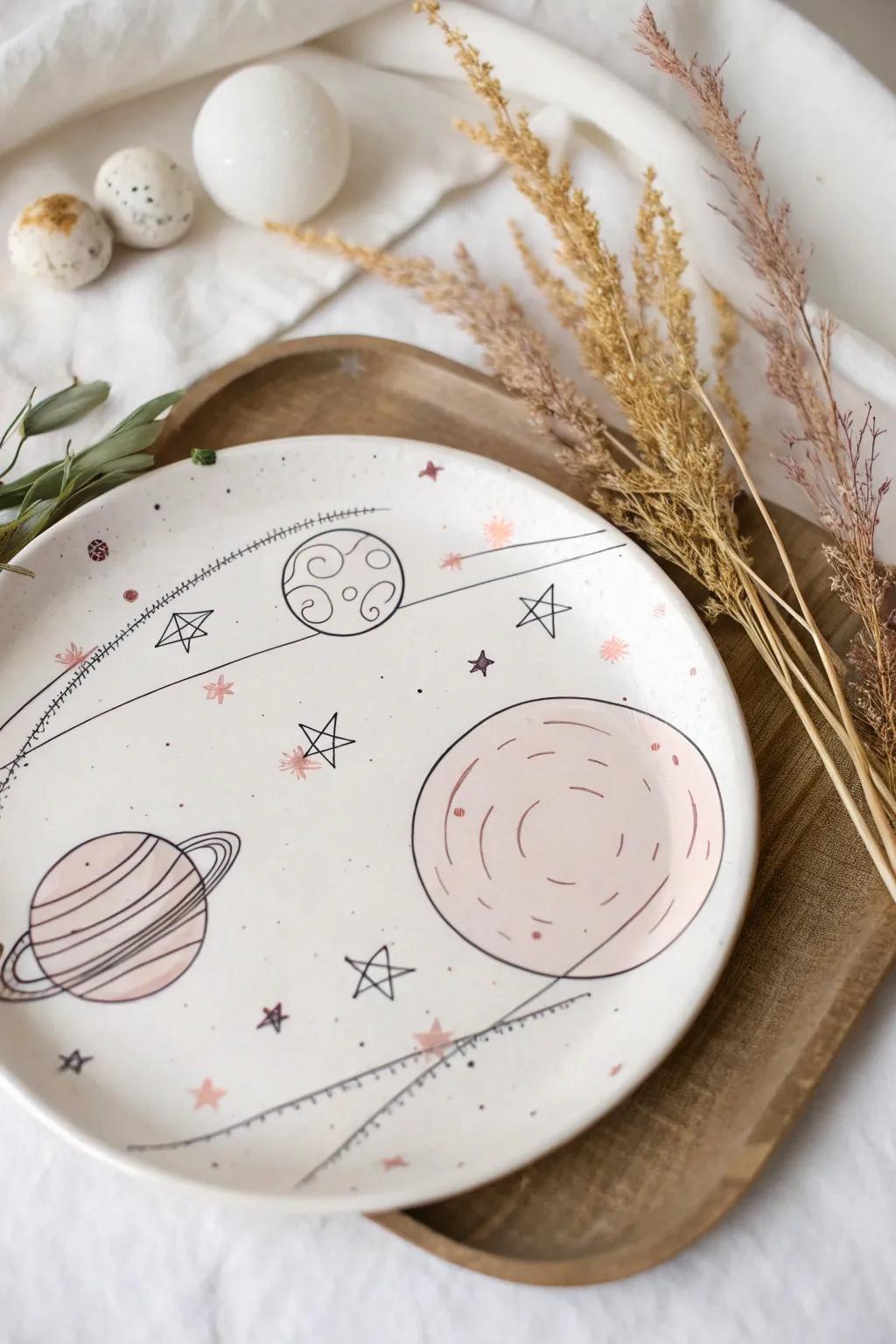 Explore the cosmos with minimalist artistry: a celestial paper plate creation.