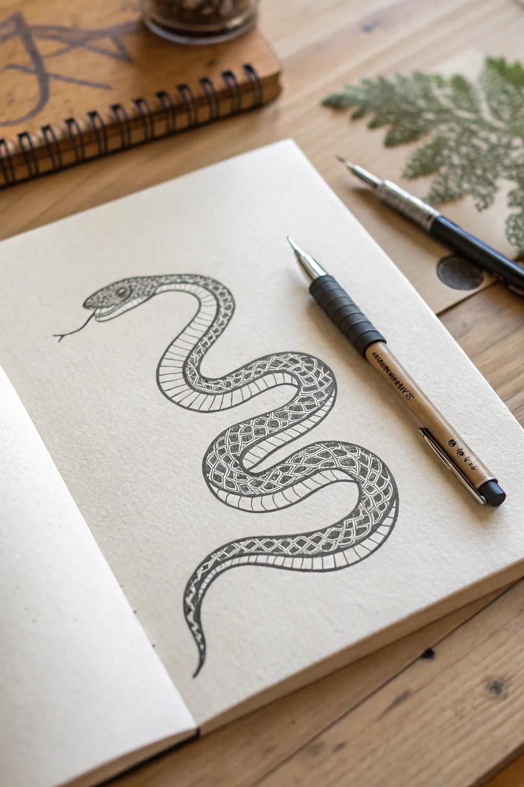 Appreciate the charm of the untamed through this understated serpent pen rendition.