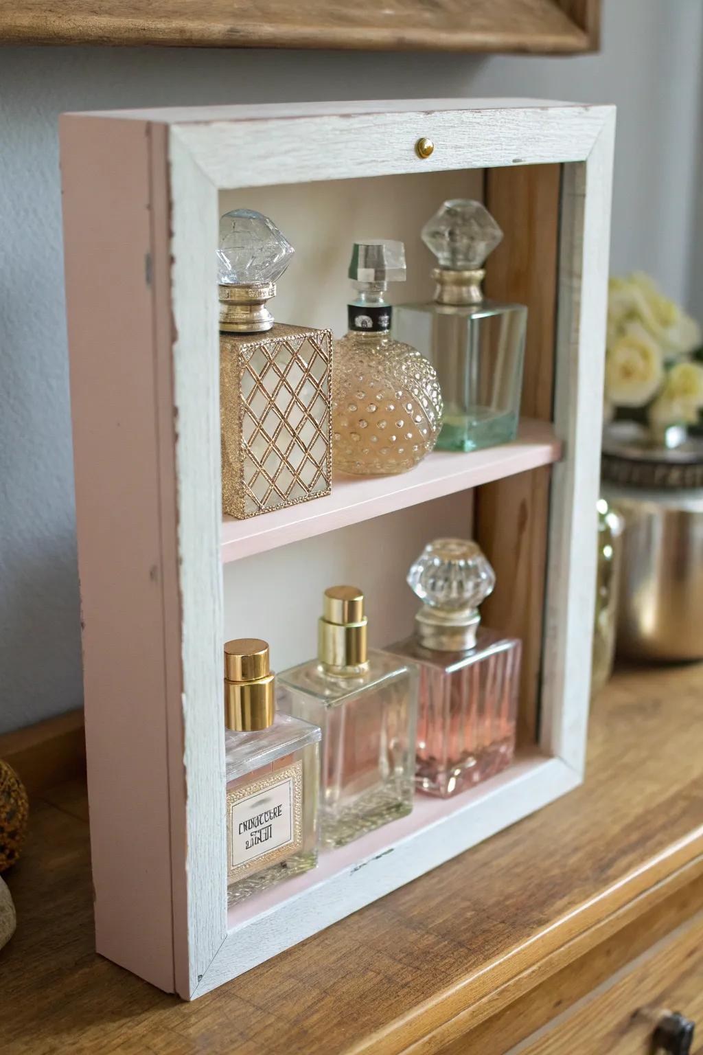 Transform your space with an upcycled art holder – a chic and eco-friendly way to organize your favorite perfumes. 🌿✨