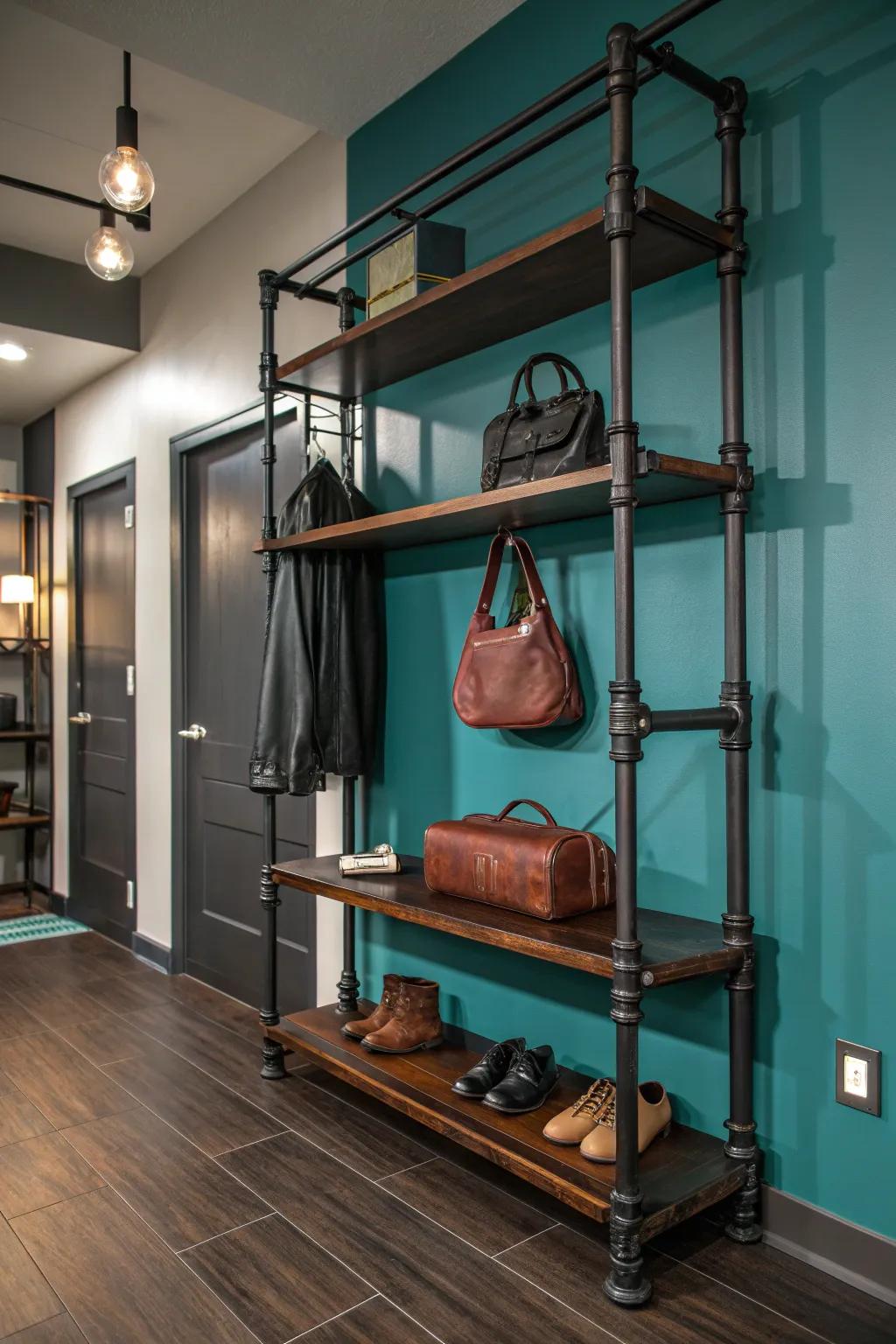 Amplify your entrance with bold pipe shelving that marries style with practicality.