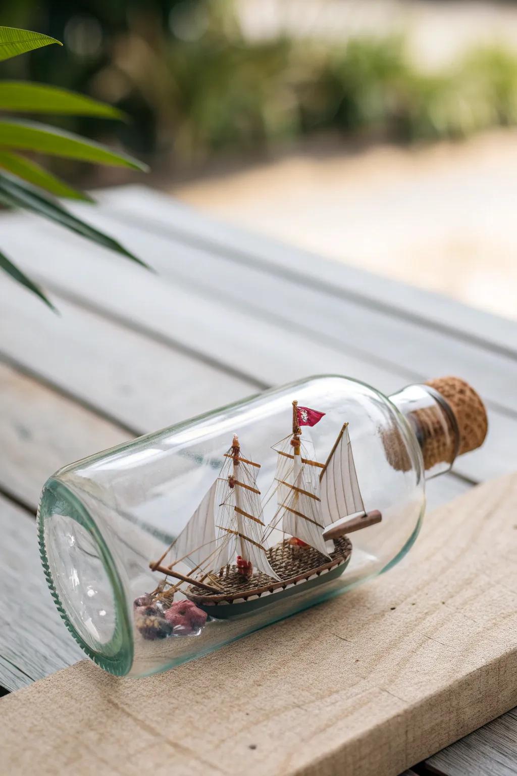 Embark on a petite escapade with this enchanting pirate vessel within a phial, ideally suited for diminutive voyagers!