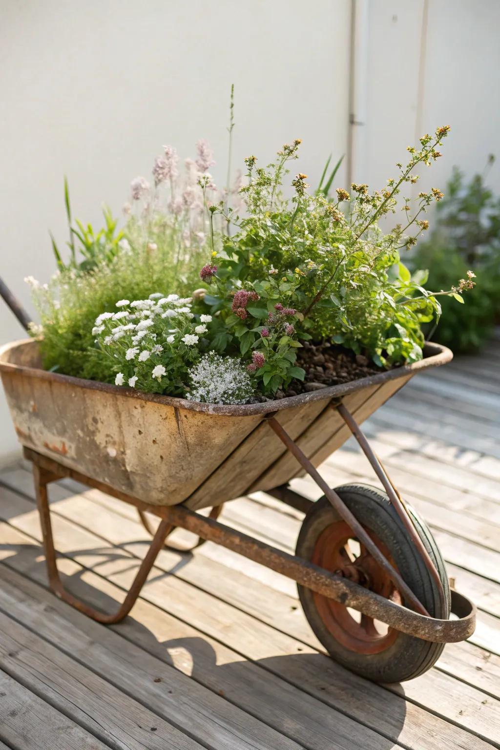 Transforming the ordinary into the extraordinary: A whimsical wheelbarrow blossoming with natural beauty.