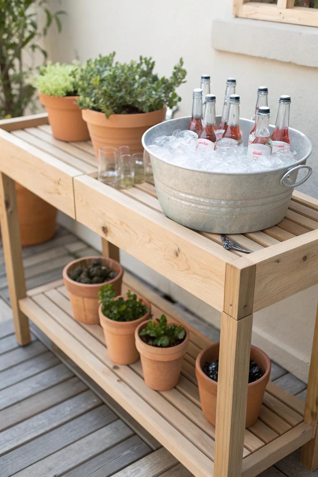 Transform your planting table into a chic beverage station for a refreshing garden party surprise!