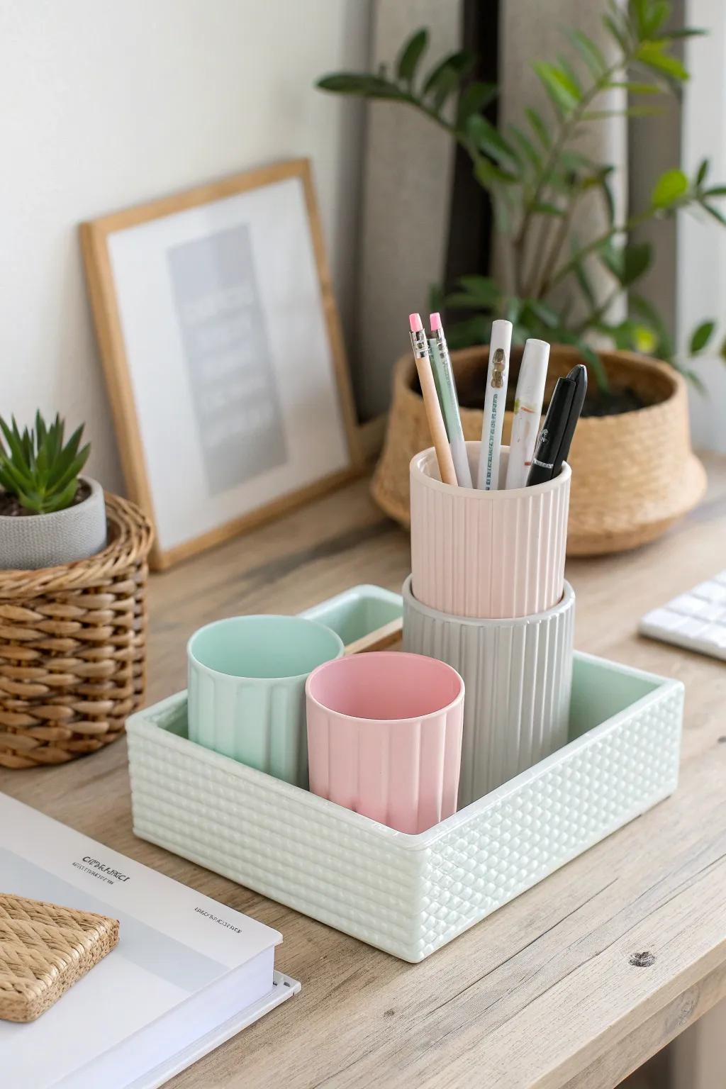 Transform your work area using a hint of minimalist charm—customized desk structures crafted from plastic cups.