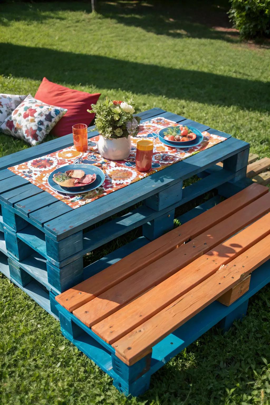 Elevate your outdoor dining with a picnic-perfect recycled skid deck.