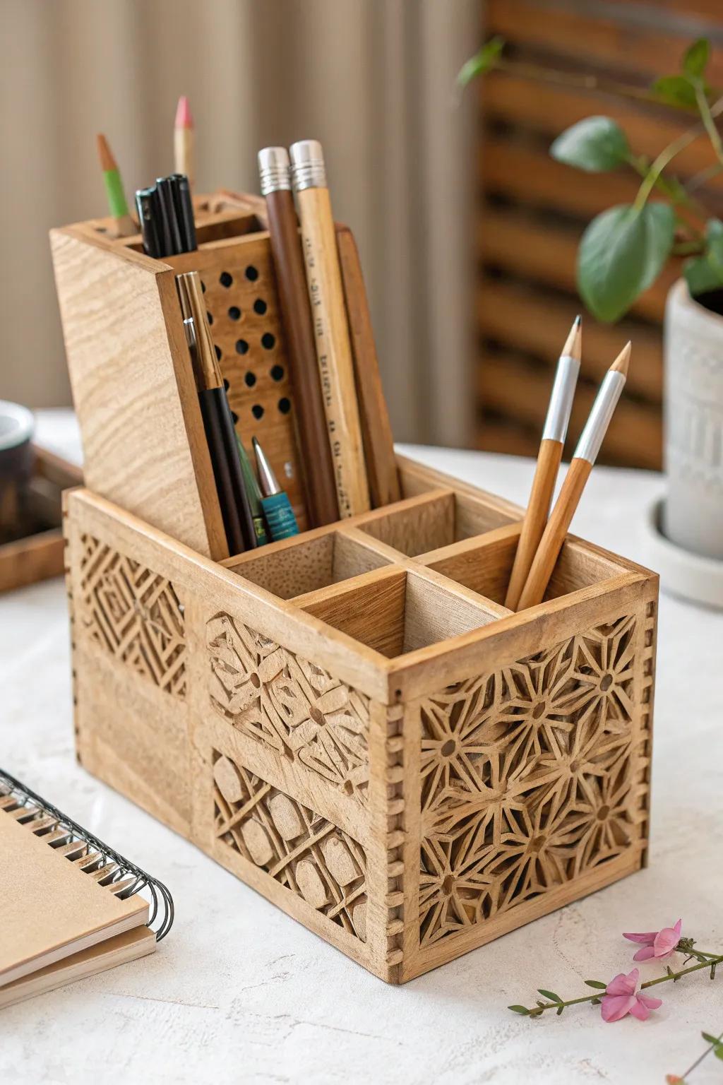 Enhance your workspace with this refined DIY desk coordinator fashioned from popsicle sticks. Suited for admirers of minimalist design featuring a Boho touch.