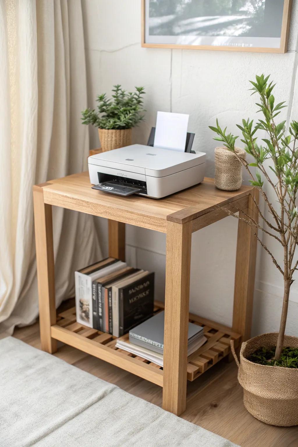 Embrace elegant simplicity with a minimalist wooden printer stand, perfect for a serene office vibe.
