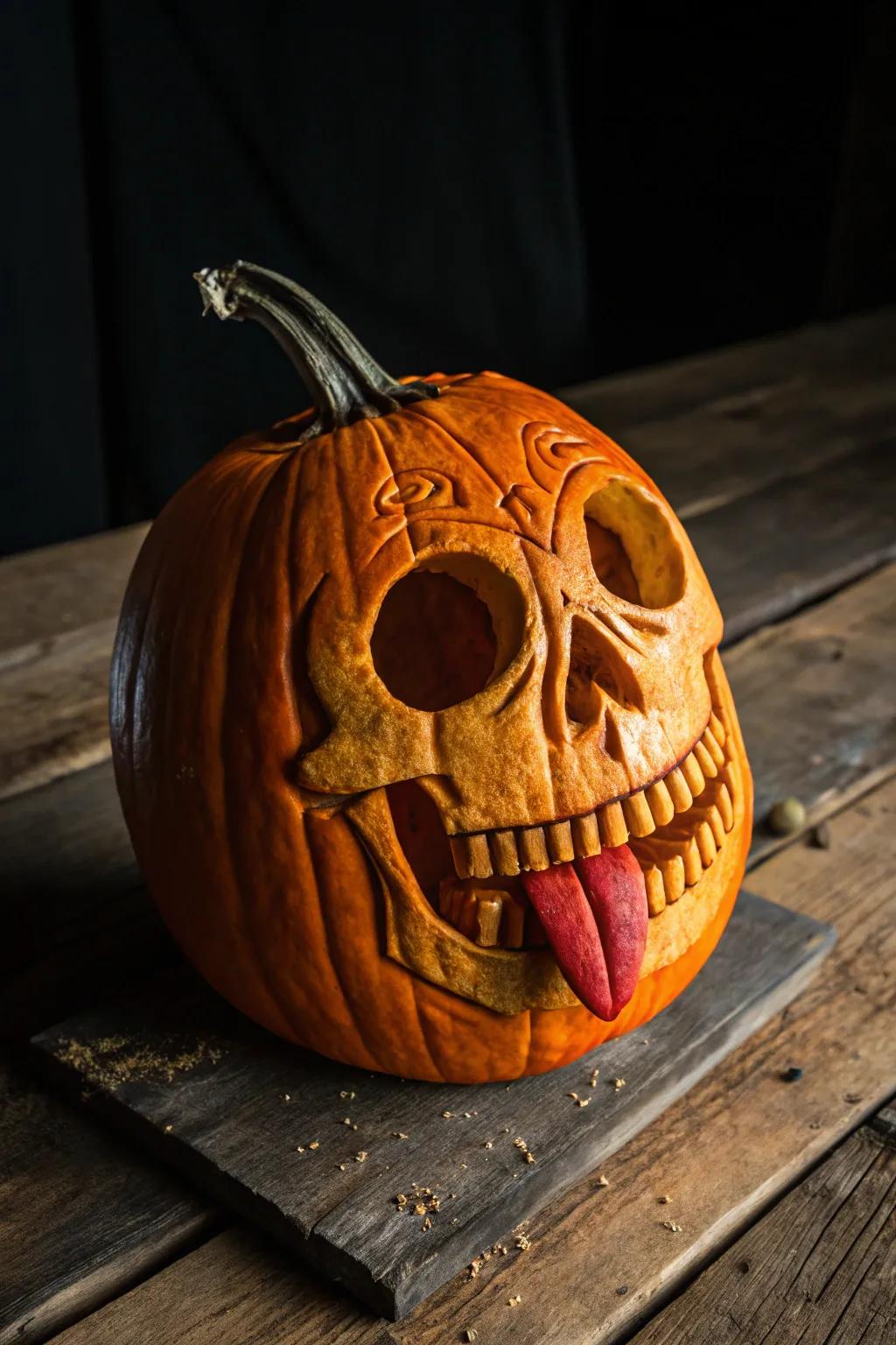 A cheeky twist on classic pumpkin carving: the Skull with a Tongue!